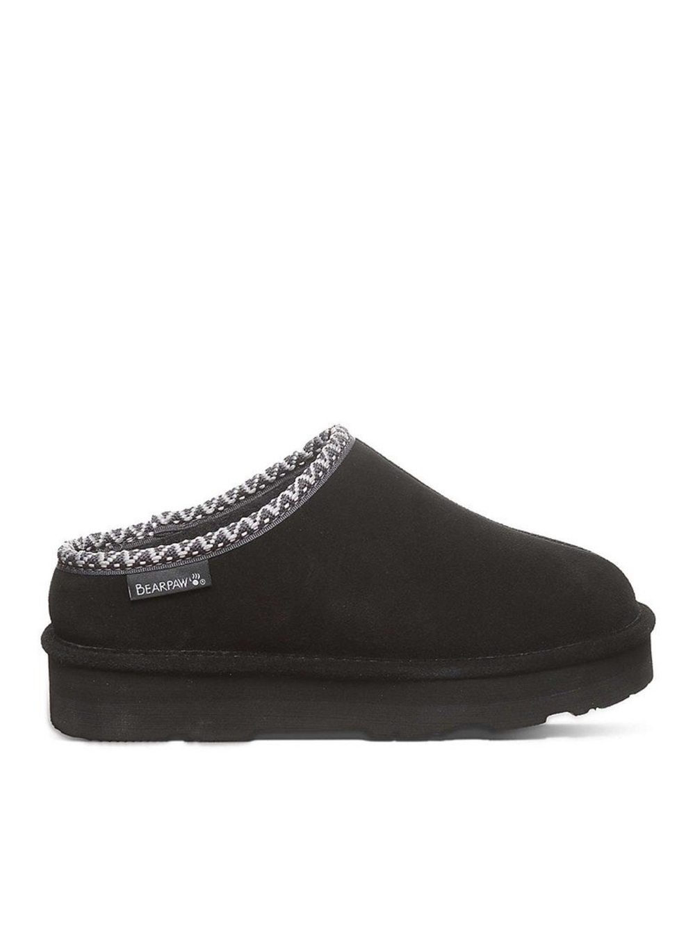 BearPaw Marti Black Suede Slip-On Mule with Patterned Trim